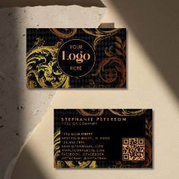 Luxury Black & Gold Baroque Custom Logo QR Code Visitekaartje