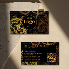 Luxury Black & Gold Baroque Custom Logo QR Code Visitekaartje