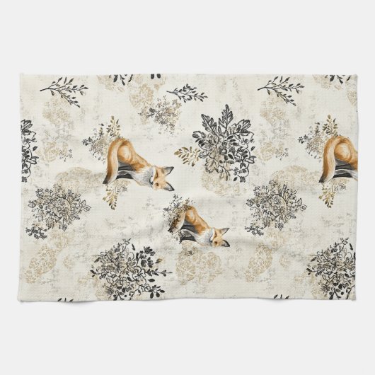 Luxury Black & Gold Botanical Fox Art (1) Theedoek (Horizontaal)