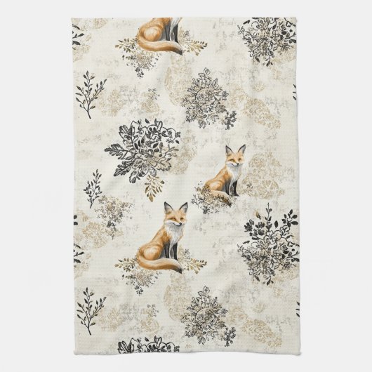 Luxury Black & Gold Botanical Fox Art (1) Theedoek (Verticaal)