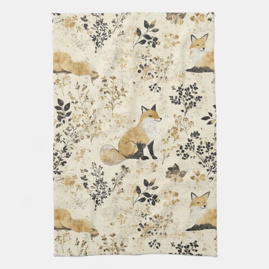 Luxury Black & Gold Botanical Fox Art (2) Theedoek (Verticaal)