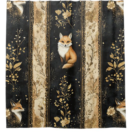 Luxury Black & Gold Botanical Fox Pattern (1) Douchegordijn (Voorkant)