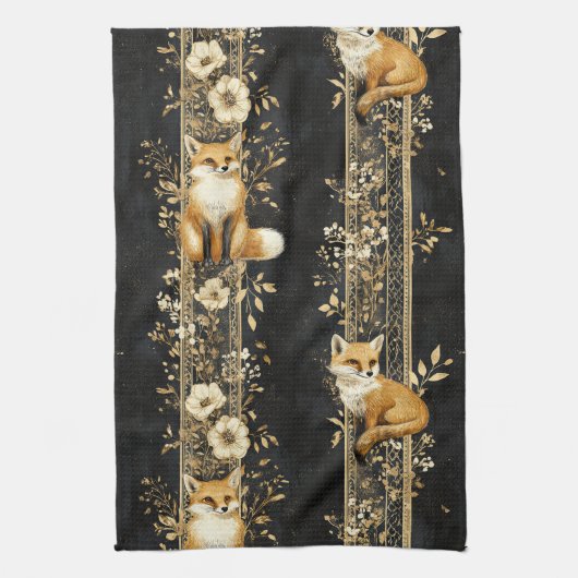 Luxury Black & Gold Botanical Fox Pattern (2) Theedoek (Verticaal)
