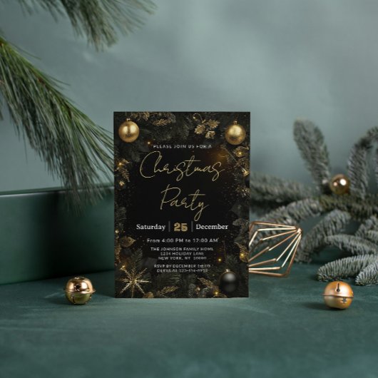 Luxury Black & Gold Christmas Party Invitation Folie Uitnodiging