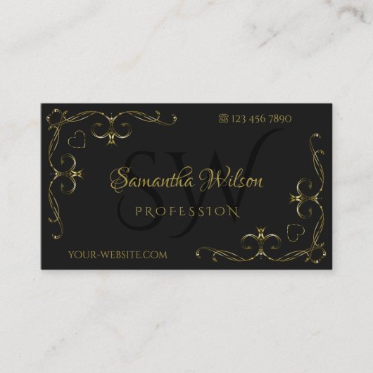 Luxury Black Gold  Corner Borders Initialen Visitekaartje (Voorkant)