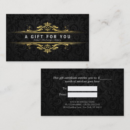 Luxury Black & Gold Damask Salon Cadeaubonnen Kortingskaartje (Voorkant / Achterkant)