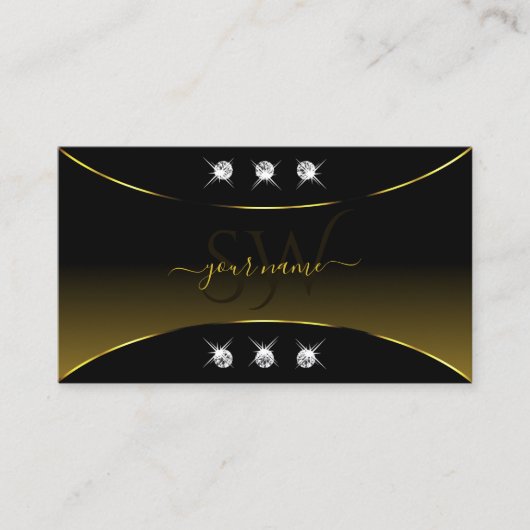 Luxury Black Gold Decor Diamonds en Monogram Luxe Visitekaartje (Voorkant)