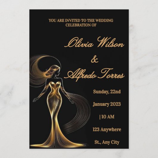 Luxury Black & Gold Elegant Wedding Invitation Kaart (Voorkant)