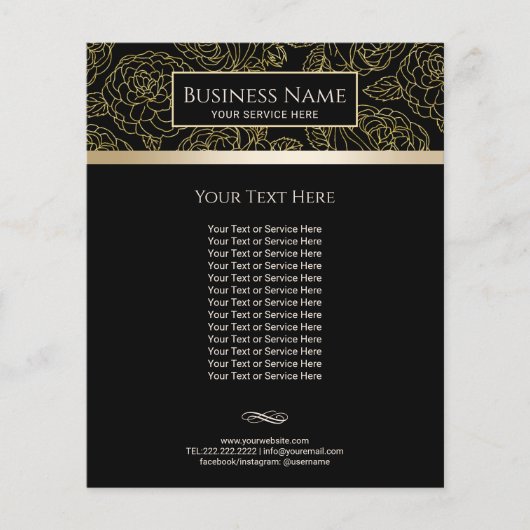 Luxury Black & Gold Floral Pattern Salon & Spa Flyer (Voorkant)