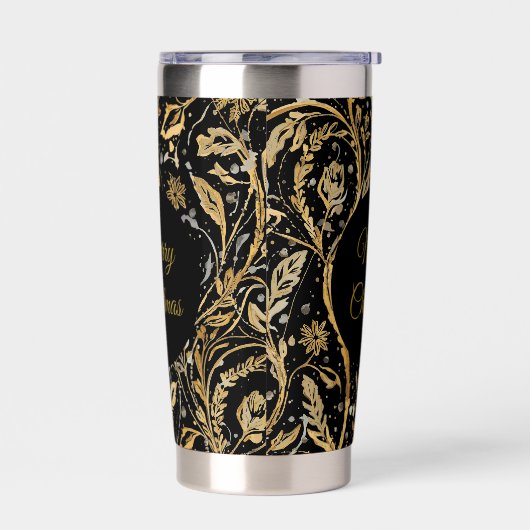 Luxury Black Gold Flowers Pattern, Merry Christmas Geïsoleerde Drinkbeker (Links)