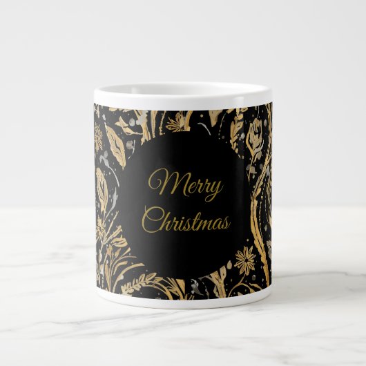 Luxury Black Gold Flowers Pattern, Merry Christmas Grote Koffiekop (Voorkant)