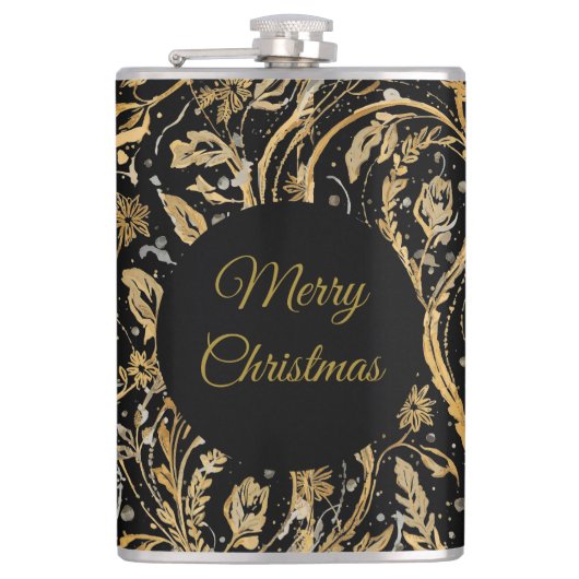 Luxury Black Gold Flowers Pattern, Merry Christmas Heupfles (Voorkant)