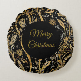 Luxury Black Gold Flowers Pattern, Merry Christmas Rond Kussen