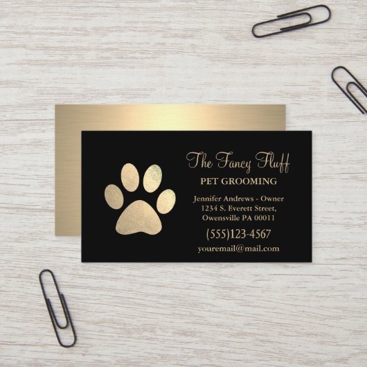 Luxury Black Gold Foil Dog Paw Grooming Service Visitekaartje (Voorkant / Achterkant in situ)
