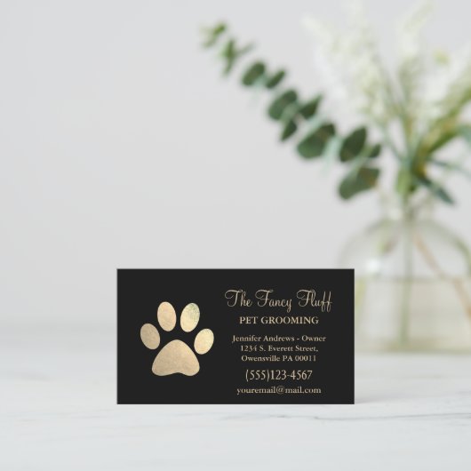 Luxury Black Gold Foil Dog Paw Grooming Service Visitekaartje (Staand voorkant)