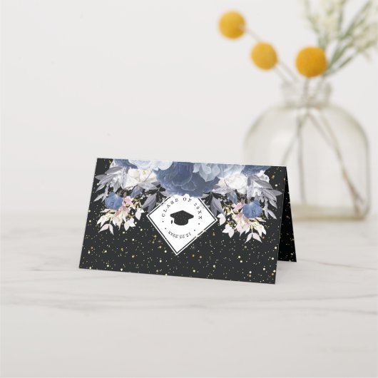 Luxury Black Gold Glitter Floral Afstuderen Plaatskaartje (Achterkant)