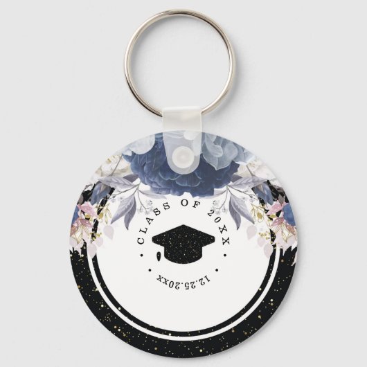Luxury Black Gold Glitter Floral Afstuderen Sleutelhanger (Voorkant)