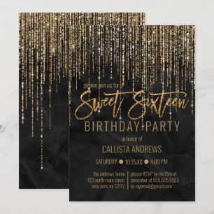 Luxury Black Gold Glitter Pearl Marble Sweet 16 Kaart