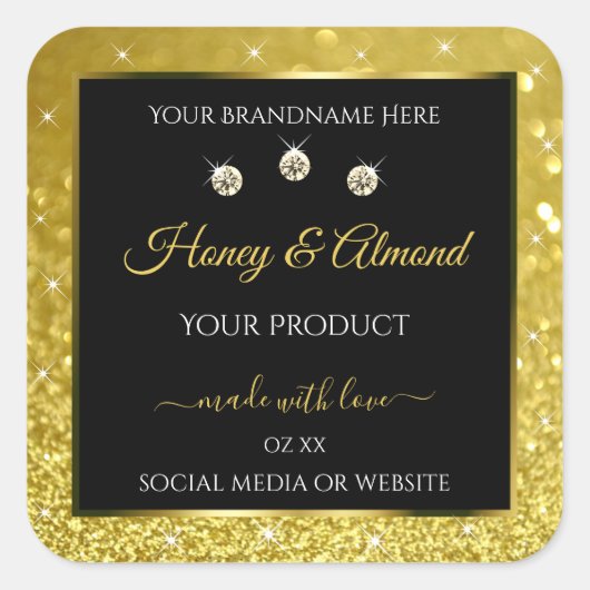 Luxury Black Gold Glitter Product Labels diamanten (Voorkant)