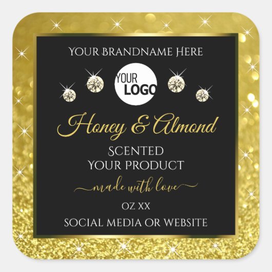 Luxury Black Gold Glitter-productlabels met Logo Vierkante Sticker (Voorkant)