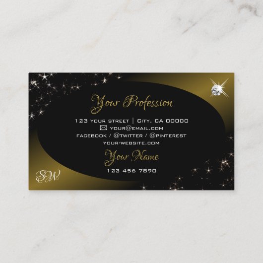 Luxury Black Gold Glitter Stars Diamonds Initialen Visitekaartje (Achterkant)