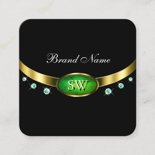 Luxury Black Gold Green Marble Rhinestone Monogram Vierkante Visitekaartje (Voorkant)