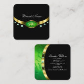 Luxury Black Gold Green Marble Rhinestone Monogram Vierkante Visitekaartje (Voorkant / Achterkant)