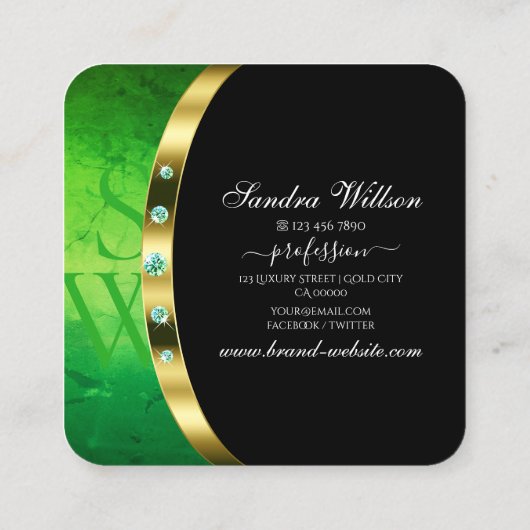 Luxury Black Gold Green Marble Rhinestone Monogram Vierkante Visitekaartje (Achterkant)