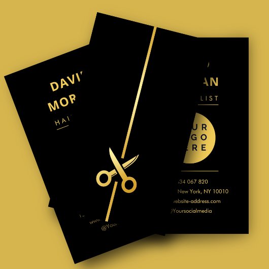 Luxury Black & Gold Hairstylist Scissors Logo Visitekaartje