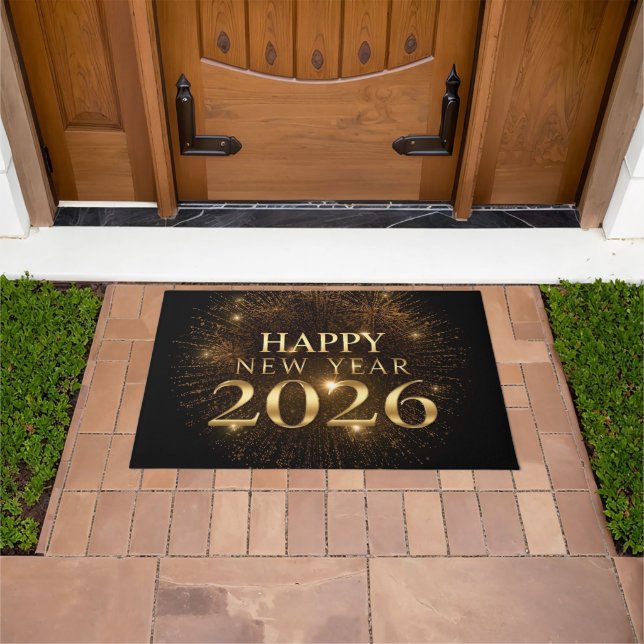 Luxury black gold happy new year welcome door mat (Buiten)