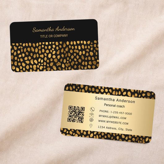 Luxury Black Gold Leopard Print QR Code Visitekaartje