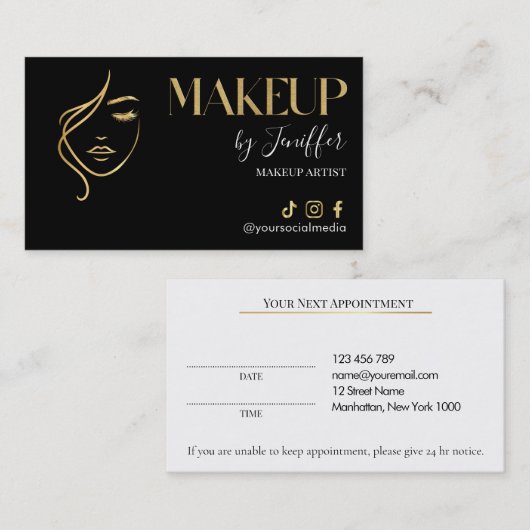 Luxury Black & Gold Makeup Appointment Card Afsprakenkaartje (Voorkant / Achterkant)