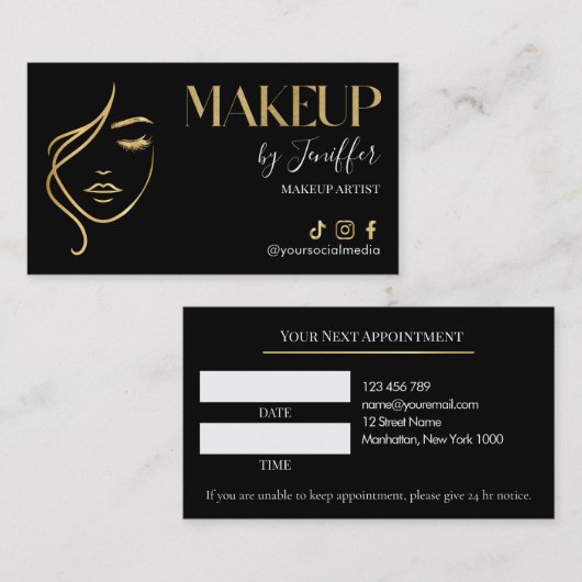 Luxury Black & Gold Makeup Appointment Card Afsprakenkaartje (Voorkant / Achterkant)
