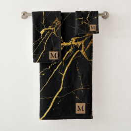 Luxury Black Gold Marble Monogrammed Bad Handdoek