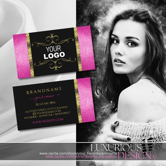 Luxury Black Gold met roze glitter add Logo Royal Visitekaartje