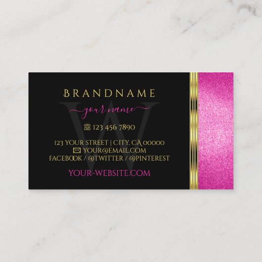 Luxury Black Gold met roze glitter en monogram Visitekaartje (Achterkant)