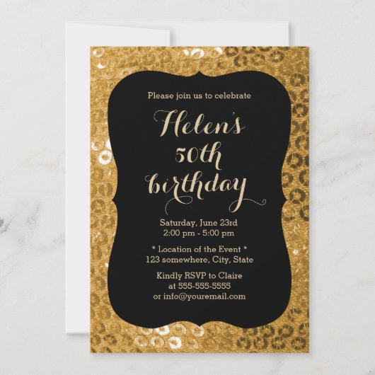 Luxury Black & Gold Paillettes Birthday Party Kaart (Voorkant)