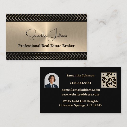 Luxury Black & Gold QR Code/Photo Real Estate  Visitekaartje (Voorkant / Achterkant)