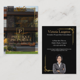 Luxury Black Gold Real Estate Photo Monogram Visitekaartje