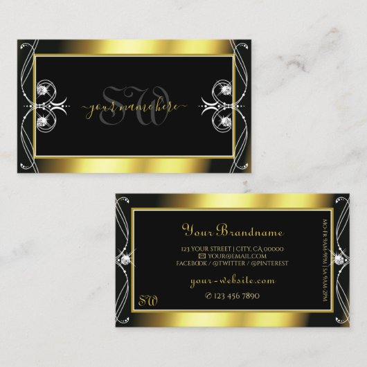 Luxury  Black Gold Sparkle Jewels Monogram Visitekaartje (Voorkant / Achterkant)