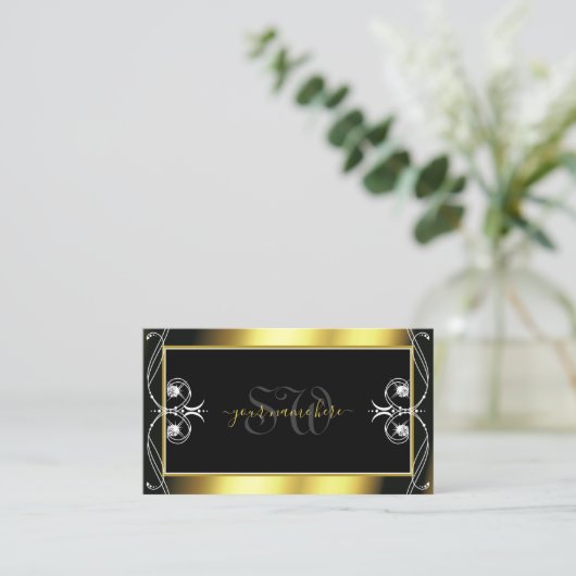 Luxury Black Gold Sparkle Jewels Monogram Visitekaartje (Staand voorkant)