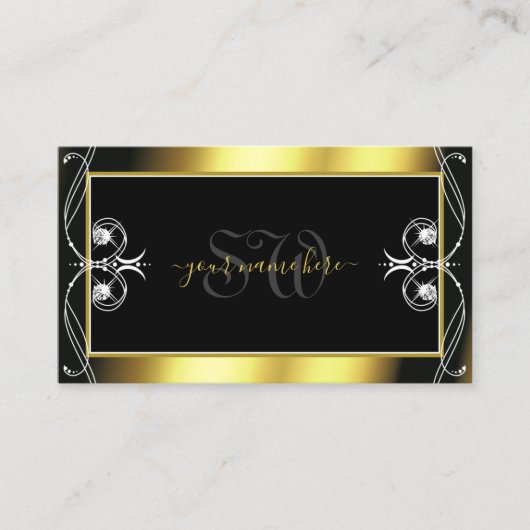 Luxury  Black Gold Sparkle Jewels Monogram Visitekaartje (Voorkant)