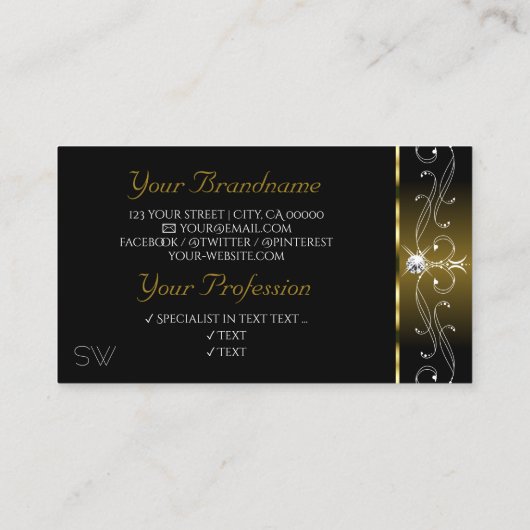 Luxury Black Gold  Sparkle Jewels Monogram Visitekaartje (Achterkant)