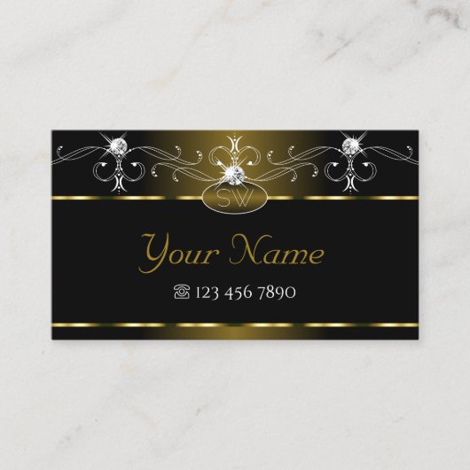 Luxury Black Gold Sparkle Jewels Monogram Visitekaartje (Voorkant)