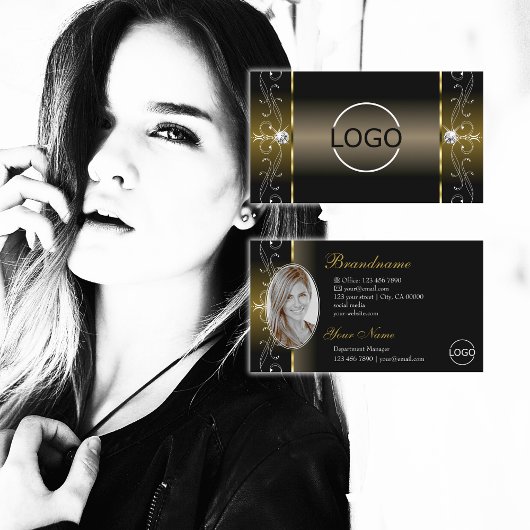 Luxury Black Gold Squiggings Jewels Logo en foto Visitekaartje