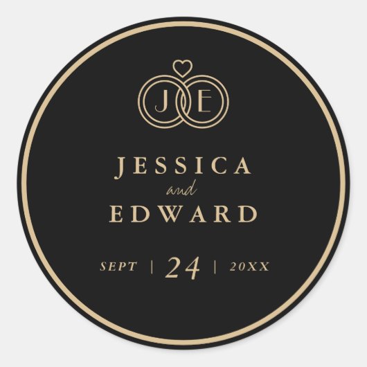 Luxury Black Gold Tied Rings Monogram Weddenschap Ronde Sticker (Voorkant)