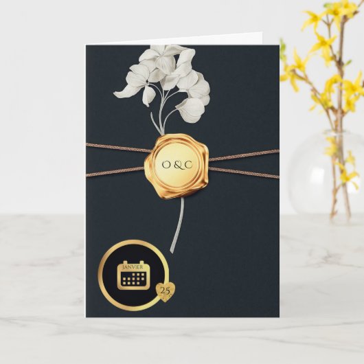 Luxury Black & Gold Wax Seal Wedding Invitation  Kaart (Gele Bloem)