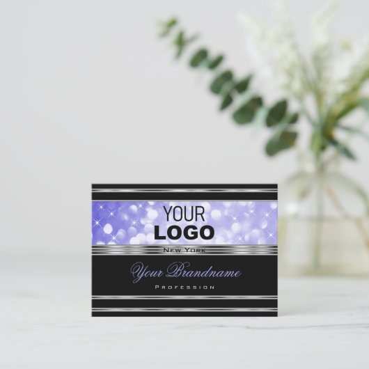 Luxury Black, helder blauw glitter met Logo Silver Visitekaartje (Staand voorkant)
