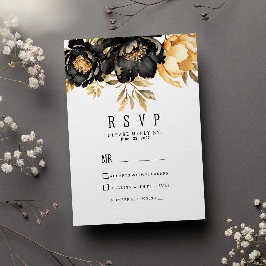 Luxury black ivory gold peony floral RSVP Kaart