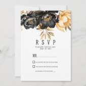 Luxury black ivory gold peony floral RSVP Kaart (Voorkant)